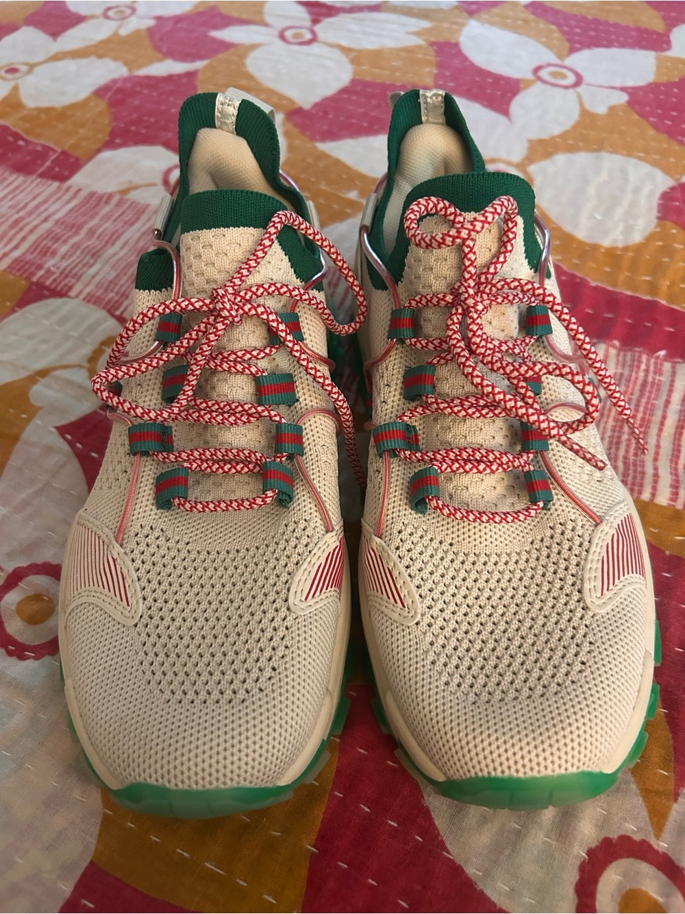 Just So So Beige and Green Athletic Sneakers with Red Accents